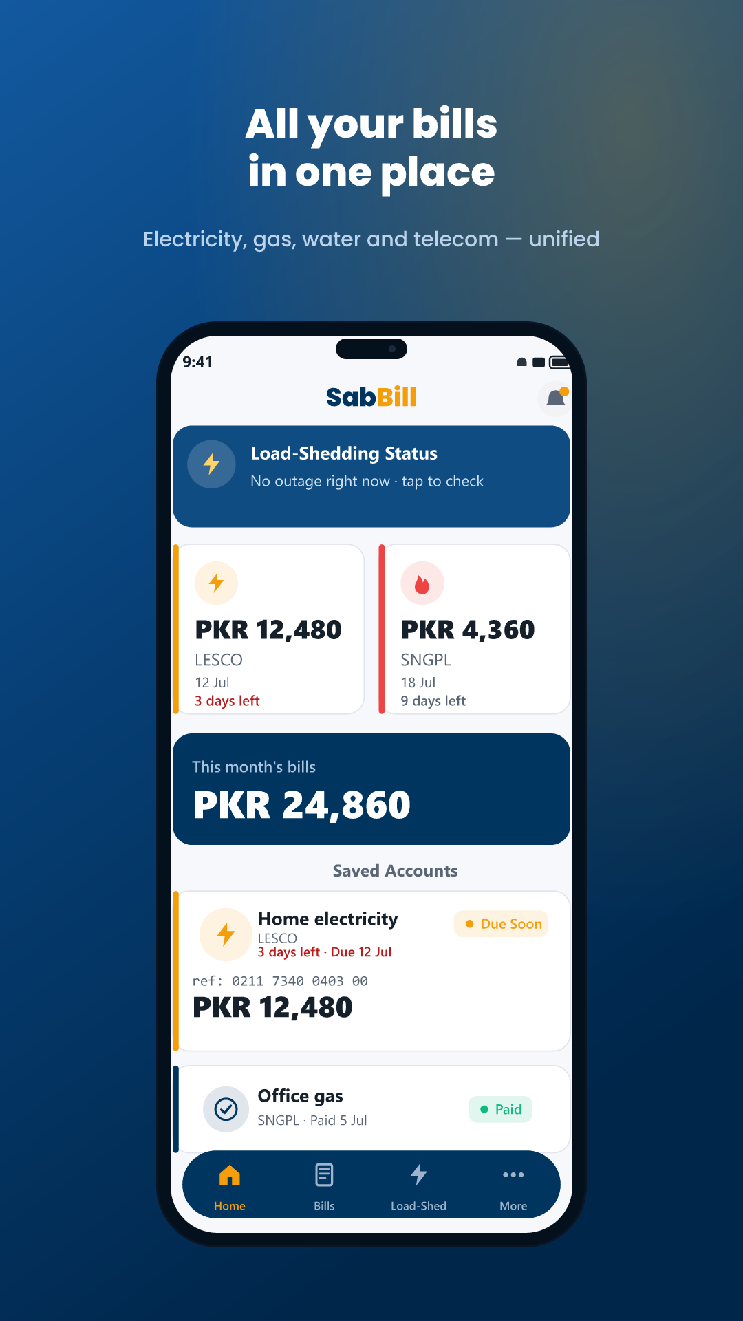 SabBill home dashboard showing electricity, gas and water bills