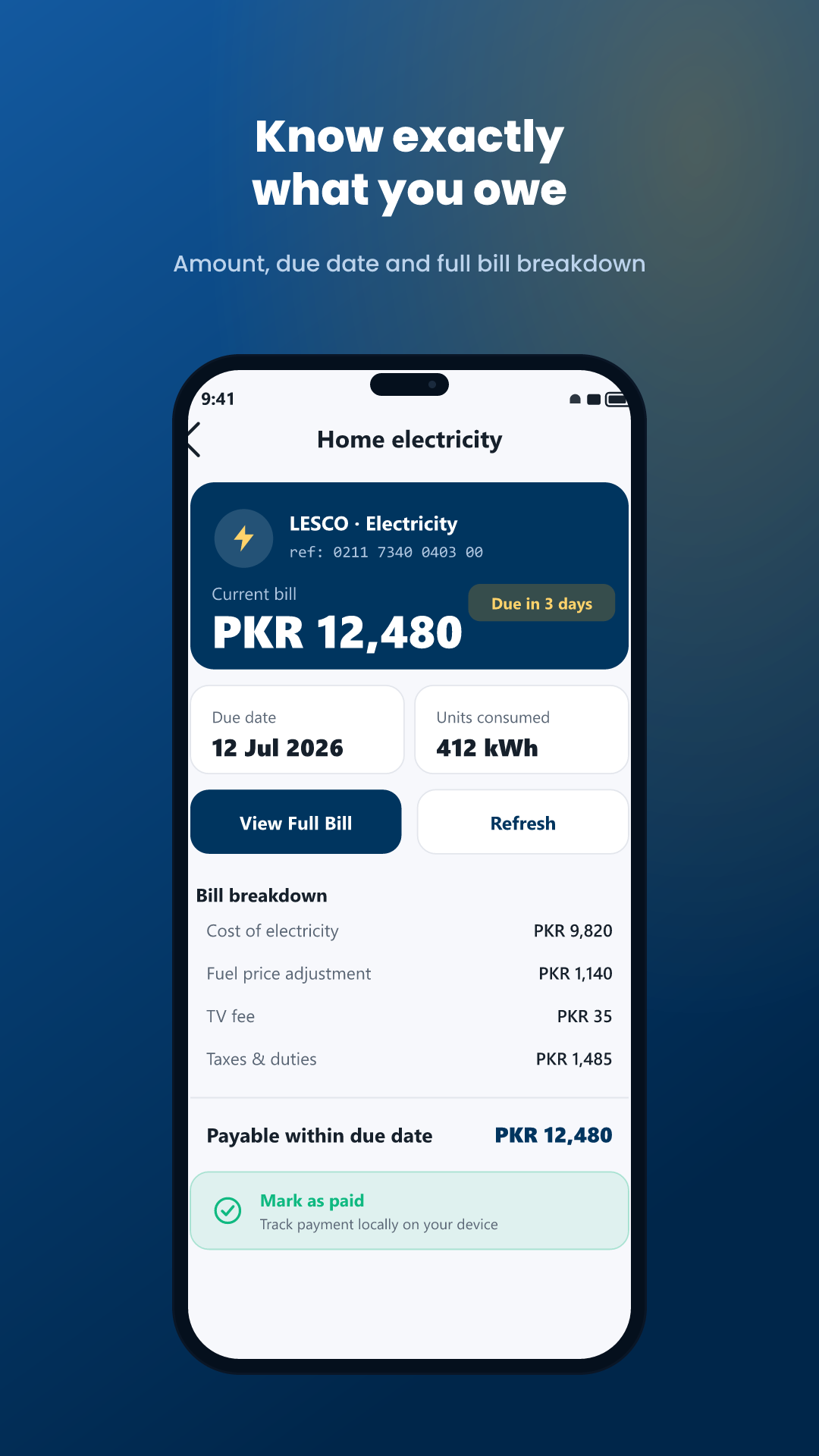 Full electricity bill breakdown in SabBill