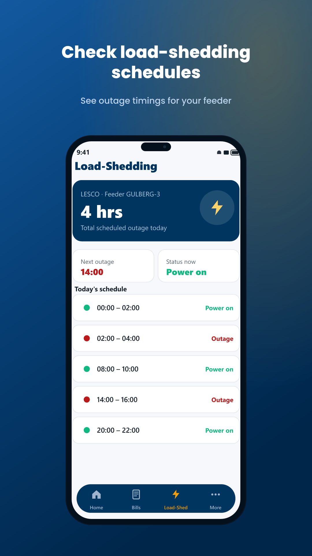 Load-shedding schedule for your feeder in SabBill